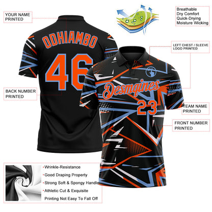 Custom Black Orange-Powder Blue Dynamic Geometric Shard Performance Polo Shirt