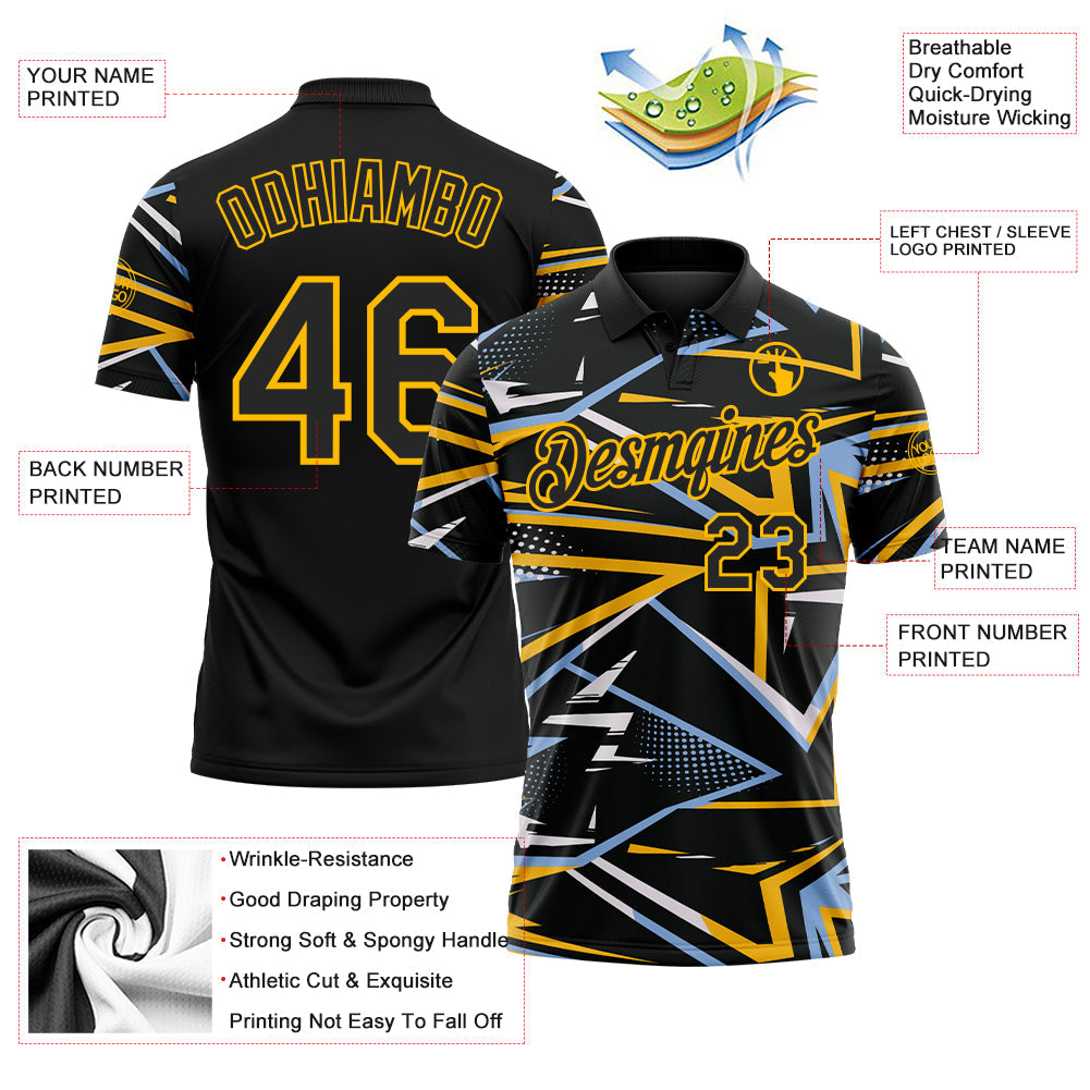 Custom Black Light Blue-Gold Dynamic Geometric Shard Performance Polo Shirt