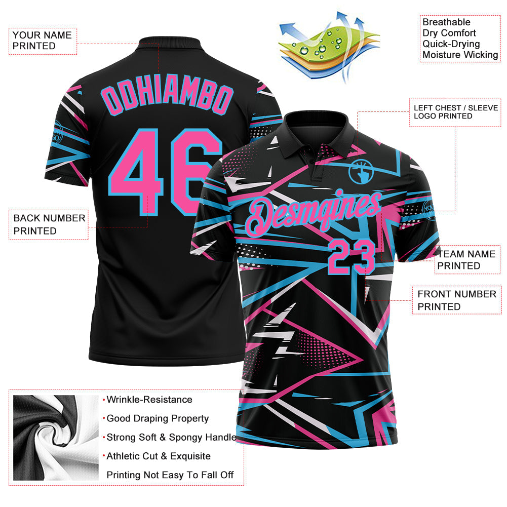 Custom Black Pink-Sky Blue Dynamic Geometric Shard Performance Polo Shirt