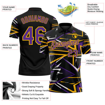 Custom Black Purple-Gold Dynamic Geometric Shard Performance Polo Shirt