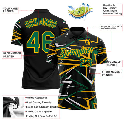Custom Black Kelly Green-Gold Dynamic Geometric Shard Performance Polo Shirt