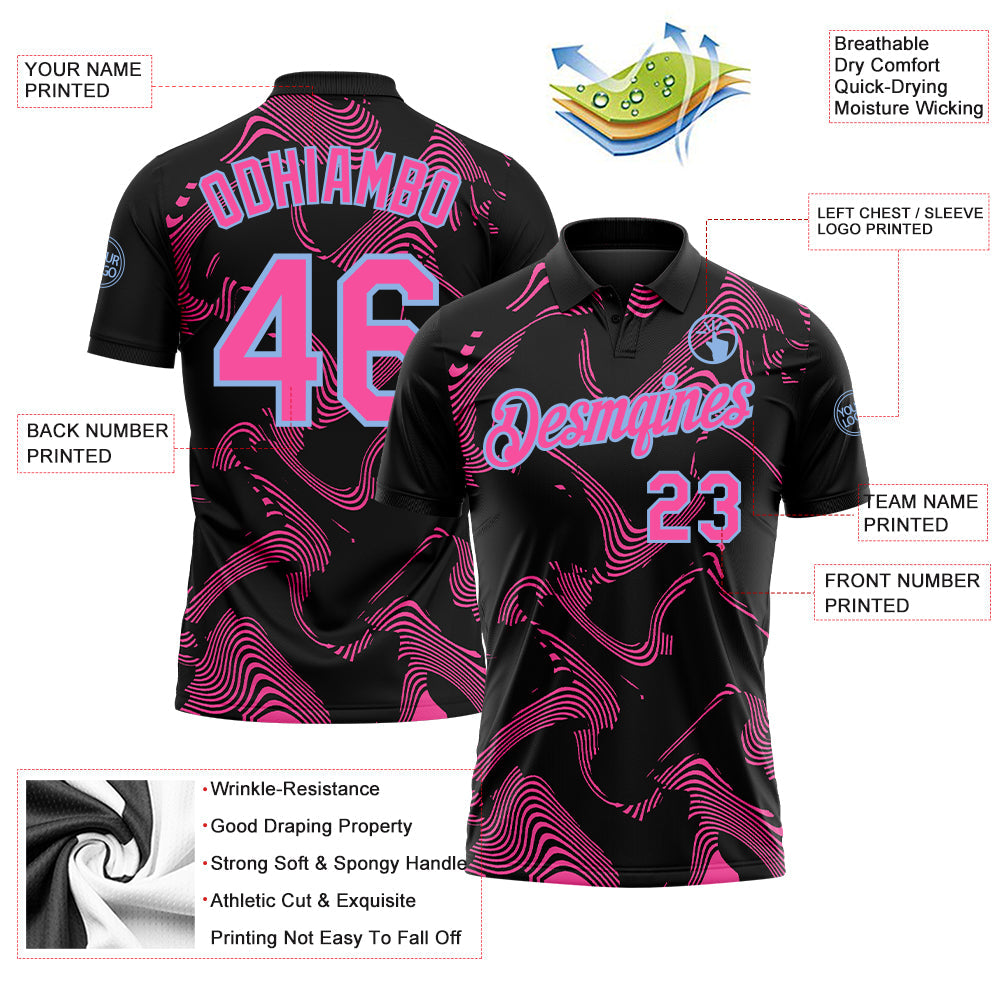 Custom Black Pink-Light Blue 3D Pattern Abstract Fluid Swirl Line Performance Polo Shirt