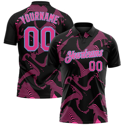 Custom Black Pink-Light Blue 3D Pattern Abstract Fluid Swirl Line Performance Polo Shirt