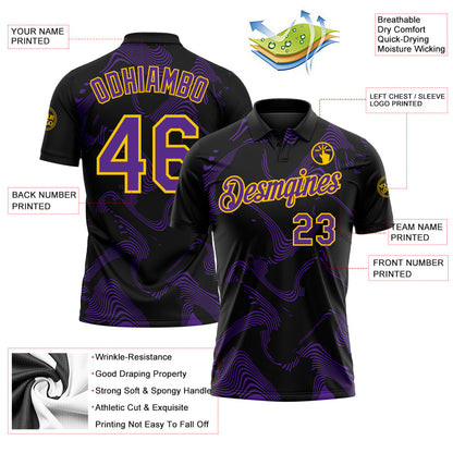 Custom Black Purple-Yellow 3D Pattern Abstract Fluid Swirl Line Performance Polo Shirt