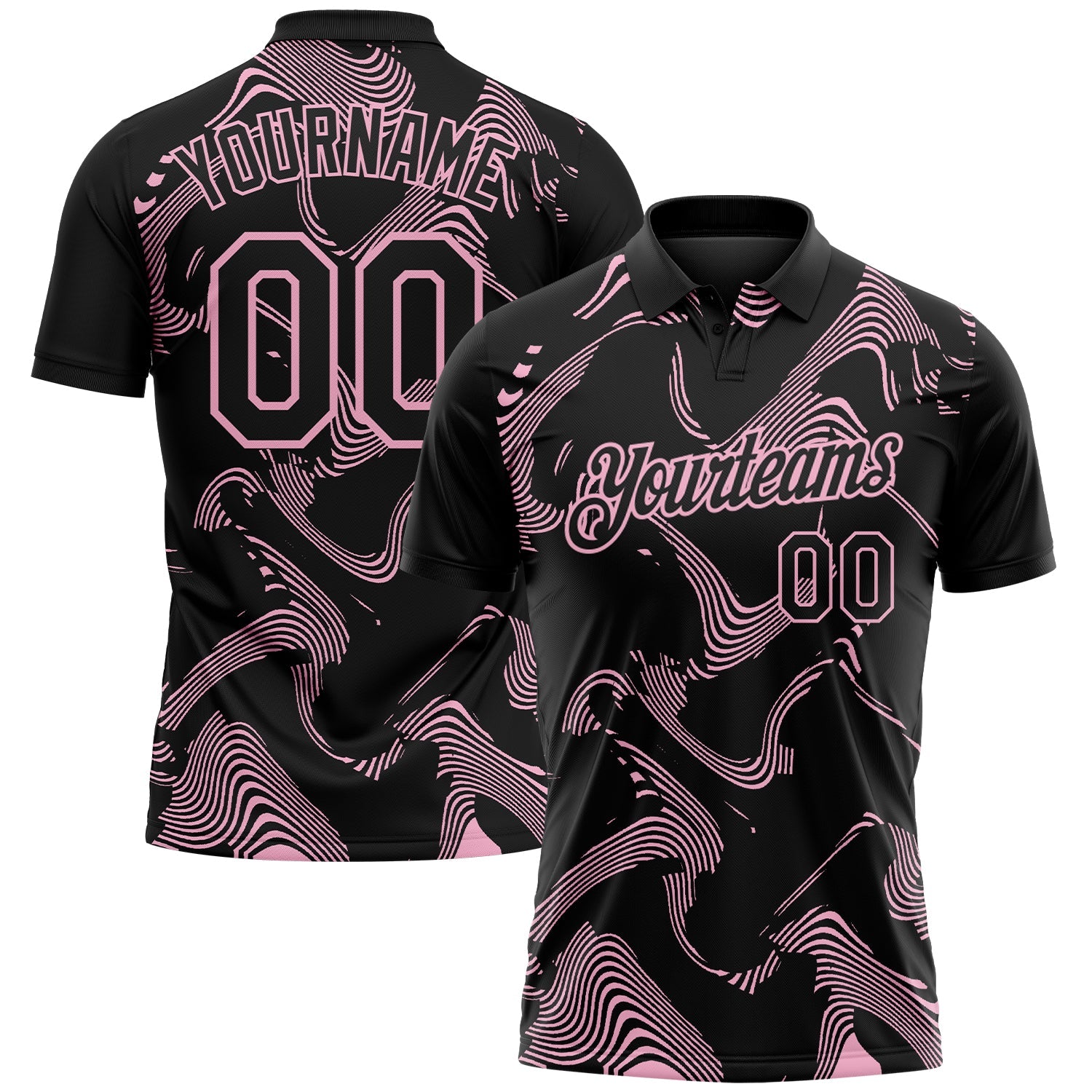 Custom Black-Light Pink 3D Pattern Abstract Fluid Swirl Line Performance Polo Shirt