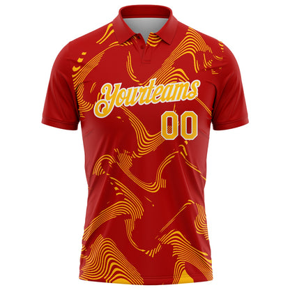 Custom Red Gold-White 3D Pattern Abstract Fluid Swirl Line Performance Polo Shirt