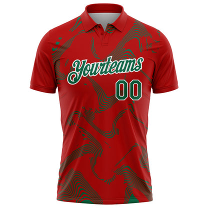 Custom Red Kelly Green-White 3D Pattern Abstract Fluid Swirl Line Performance Polo Shirt