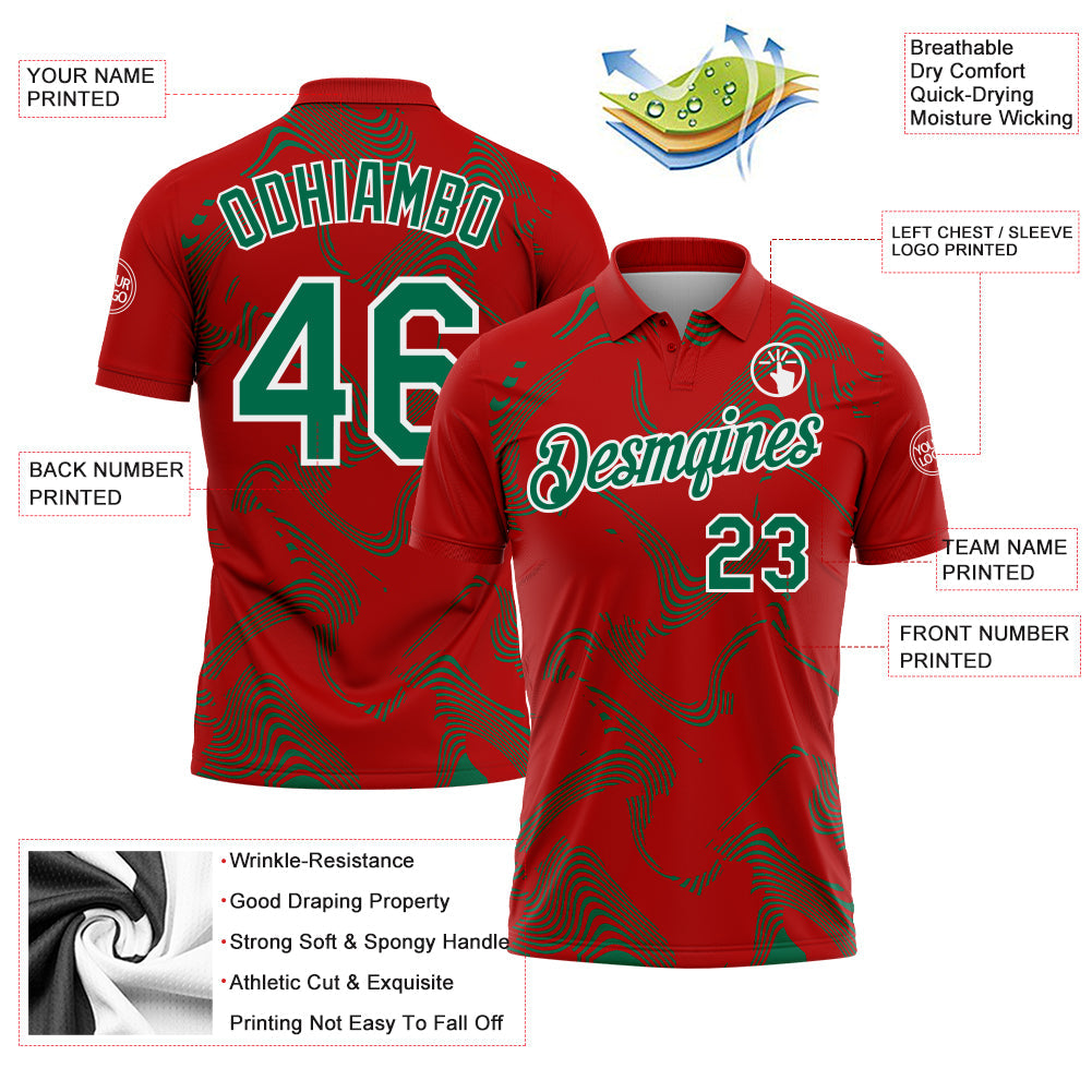 Custom Red Kelly Green-White 3D Pattern Abstract Fluid Swirl Line Performance Polo Shirt