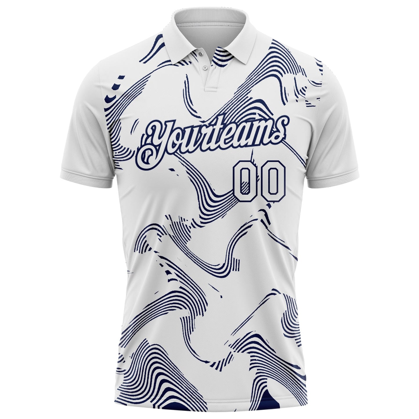 Custom White-Navy 3D Pattern Abstract Fluid Swirl Line Performance Polo Shirt