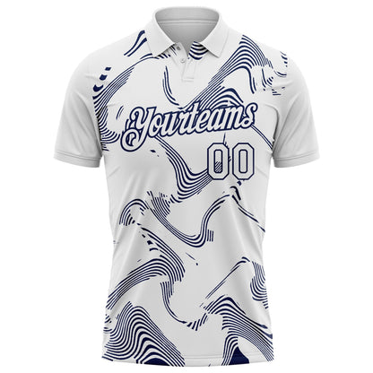 Custom White-Navy 3D Pattern Abstract Fluid Swirl Line Performance Polo Shirt