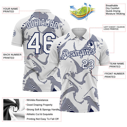 Custom White-Navy 3D Pattern Abstract Fluid Swirl Line Performance Polo Shirt