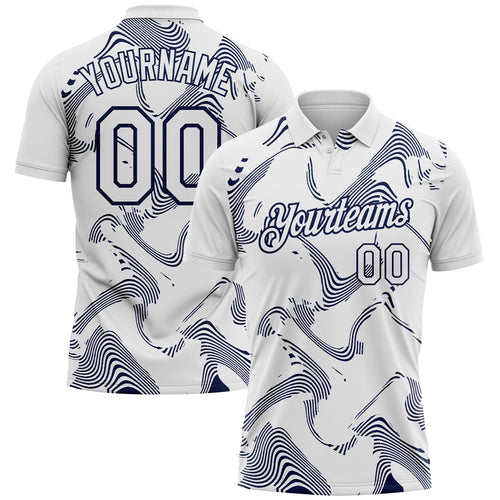 Custom White-Navy 3D Pattern Abstract Fluid Swirl Line Performance Polo Shirt