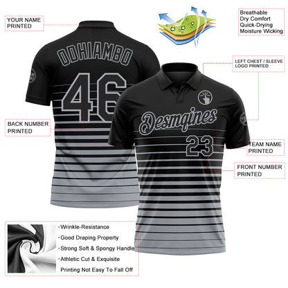 Custom Black-Gray Horizontal Gradient Stripe Performance Polo Shirt