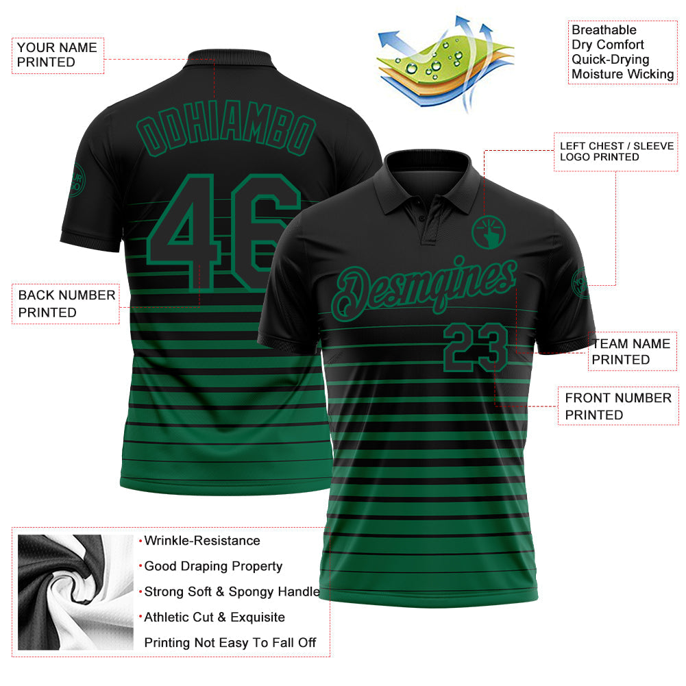 Custom Black-Kelly Green Horizontal Gradient Stripe Performance Polo Shirt
