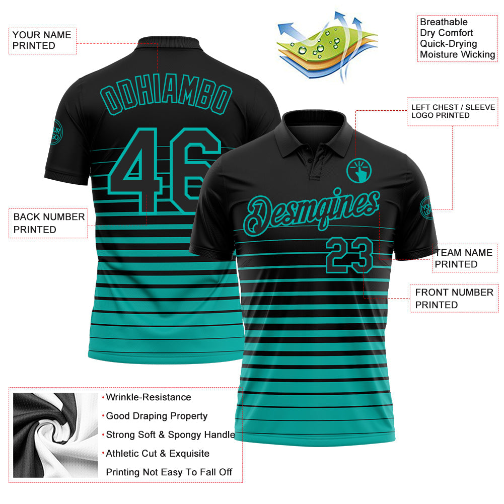 Custom Black-Aqua Horizontal Gradient Stripe Performance Polo Shirt