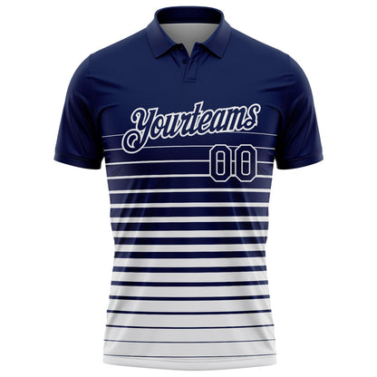 Custom Navy-White Horizontal Gradient Stripe Performance Polo Shirt