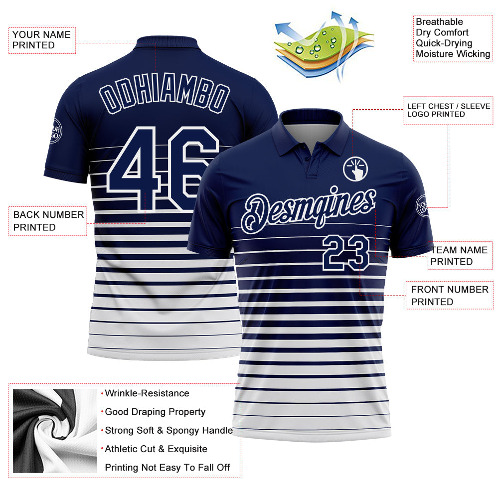 Custom Navy-White Horizontal Gradient Stripe Performance Polo Shirt