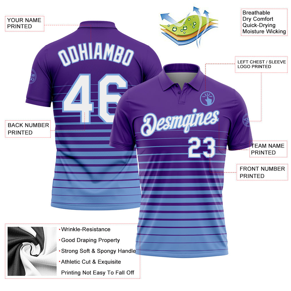Custom Purple White-Light Blue Horizontal Gradient Stripe Performance Polo Shirt