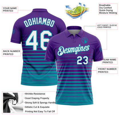 Custom Purple White-Teal Horizontal Gradient Stripe Performance Polo Shirt