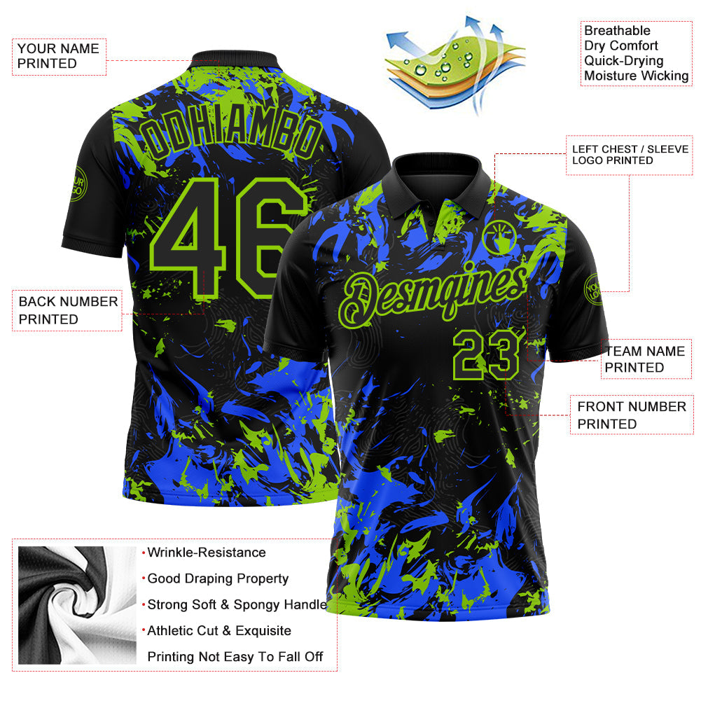 Custom Black Royal-Neon Green Dynamic Splatter Brush Stroke Performance Polo Shirt