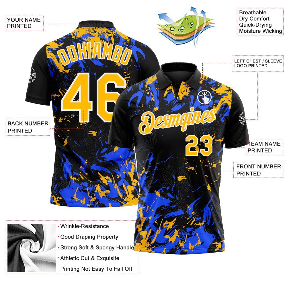 Custom Black Gold Royal-White Dynamic Splatter Brush Stroke Performance Polo Shirt