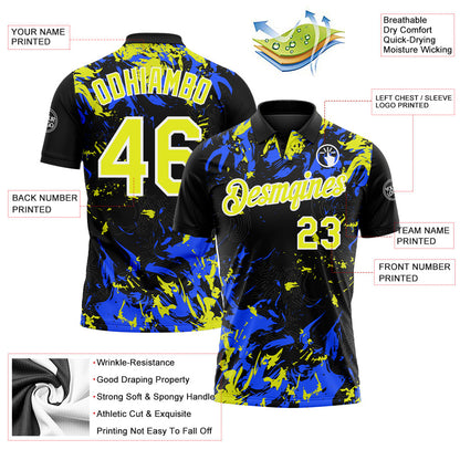 Custom Black Neon Yellow Royal-White Dynamic Splatter Brush Stroke Performance Polo Shirt