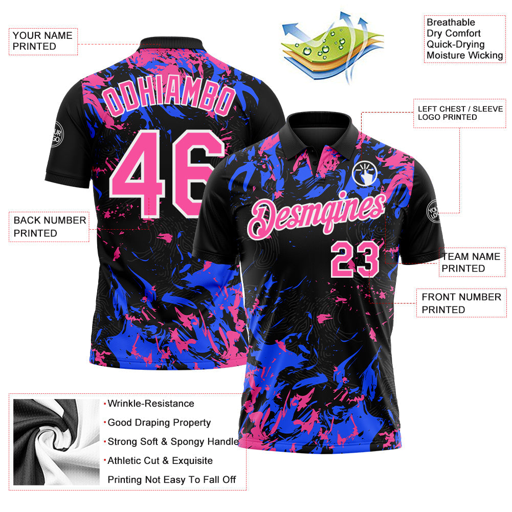 Custom Black Pink Royal-White Dynamic Splatter Brush Stroke Performance Polo Shirt