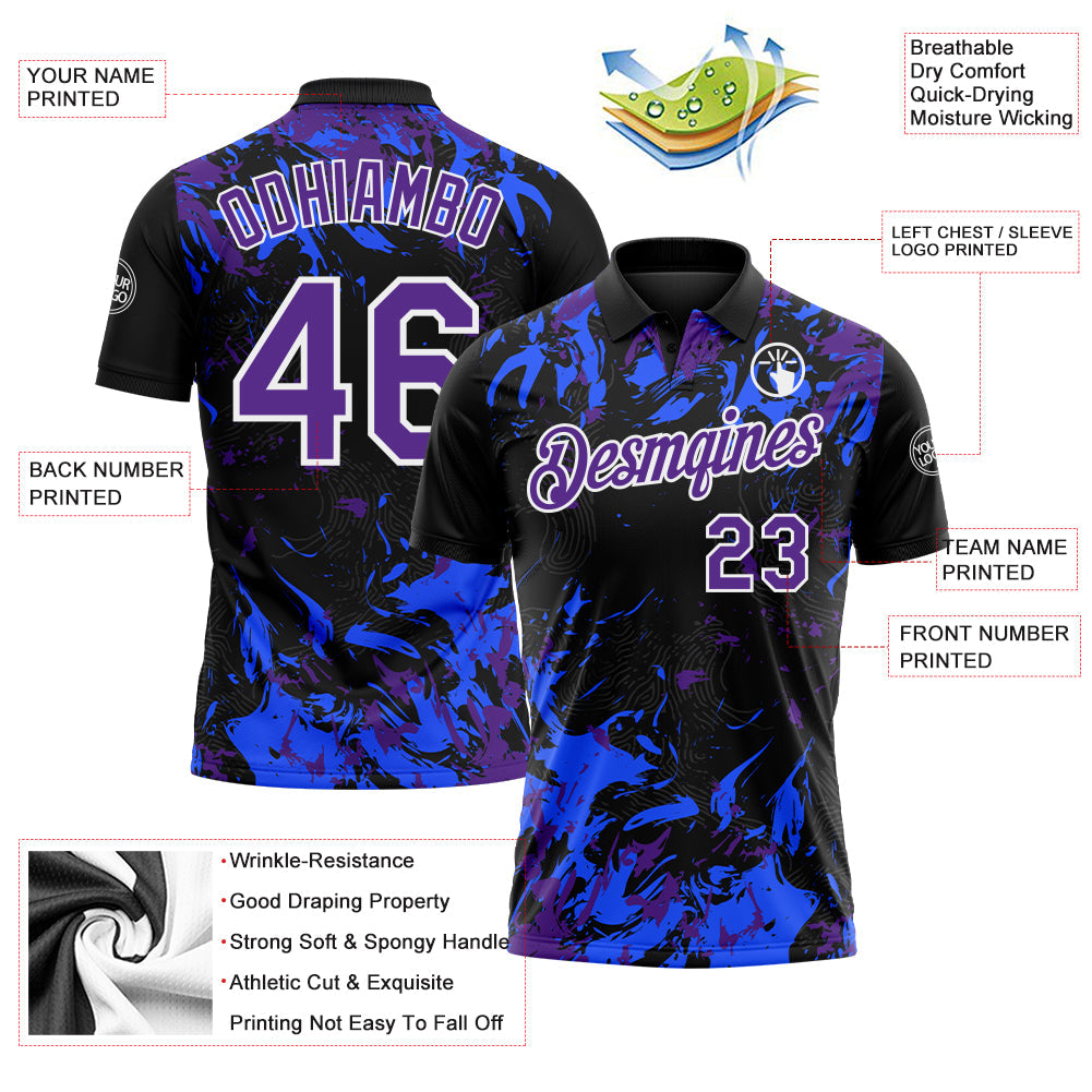 Custom Black Purple Royal-White Dynamic Splatter Brush Stroke Performance Polo Shirt