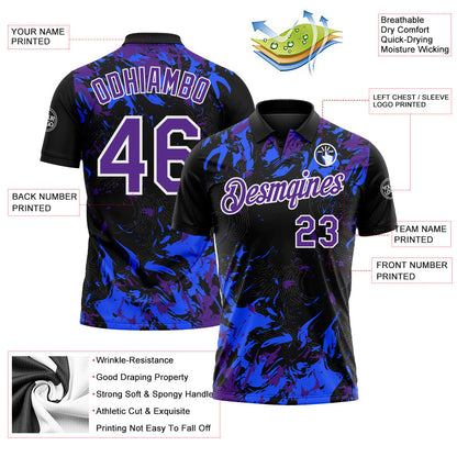 Custom Black Purple Royal-White Dynamic Splatter Brush Stroke Performance Polo Shirt