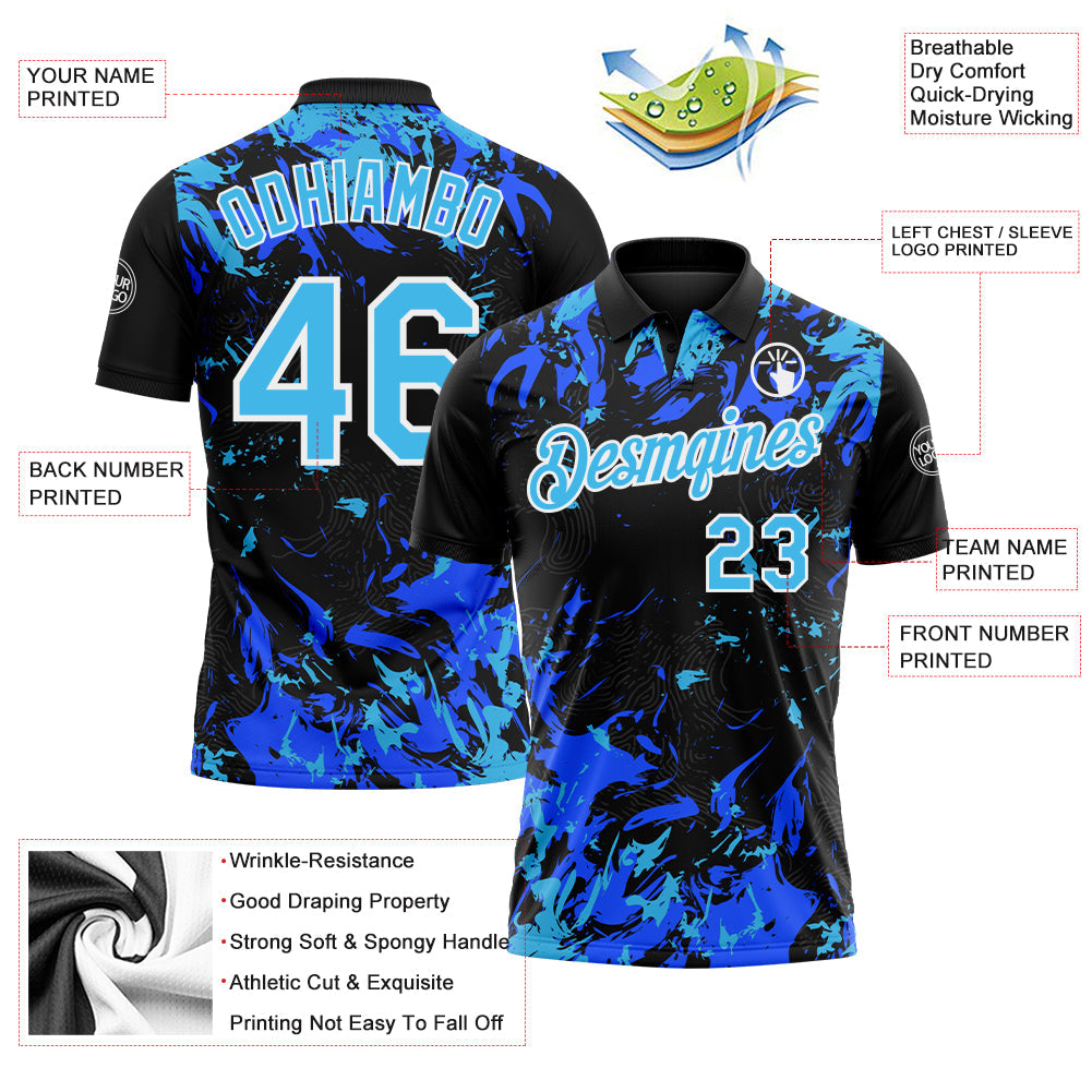 Custom Black Sky Blue Royal-White Dynamic Splatter Brush Stroke Performance Polo Shirt