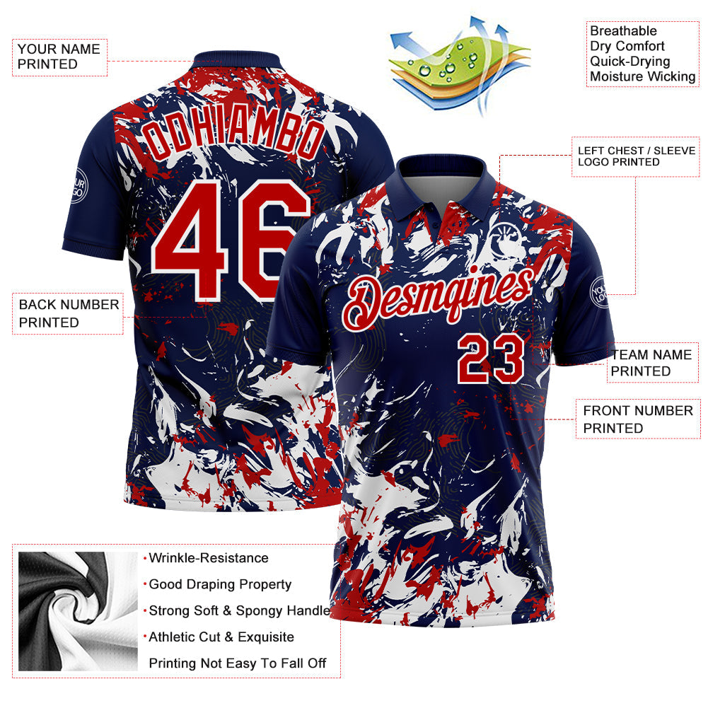 Custom Navy Red-White Dynamic Splatter Brush Stroke Performance Polo Shirt
