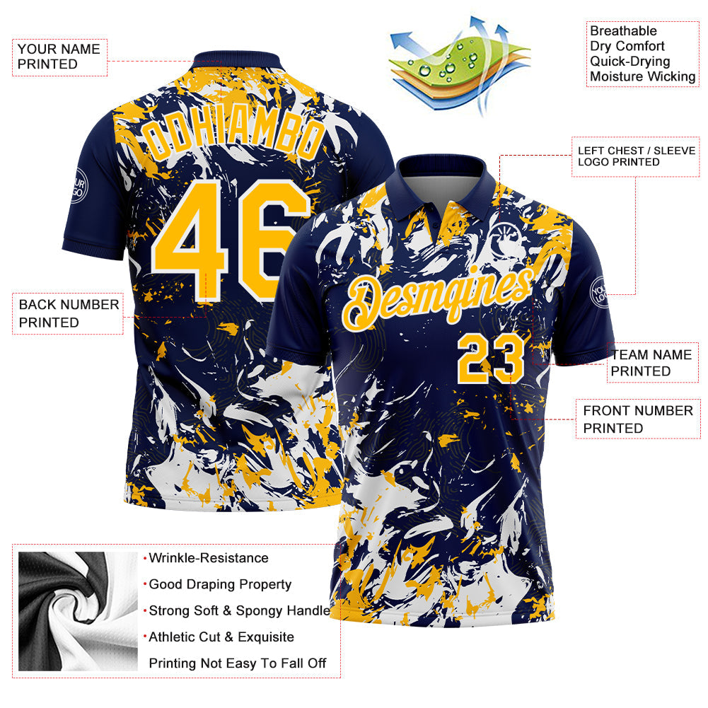 Custom Navy Gold-White Dynamic Splatter Brush Stroke Performance Polo Shirt