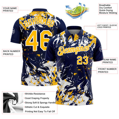 Custom Navy Gold-White Dynamic Splatter Brush Stroke Performance Polo Shirt