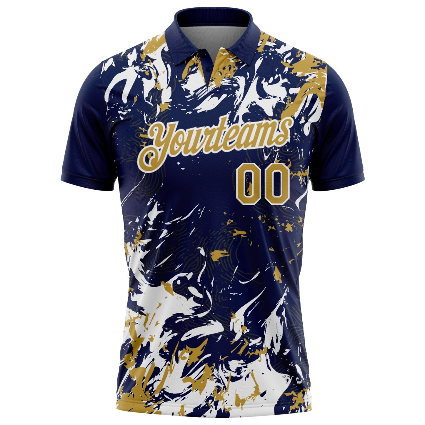 Custom Navy Old Gold-White Dynamic Splatter Brush Stroke Performance Polo Shirt