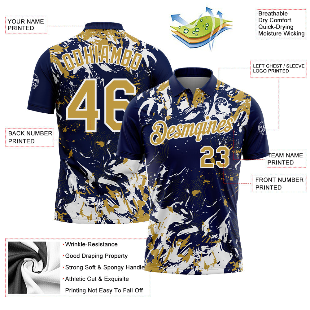 Custom Navy Old Gold-White Dynamic Splatter Brush Stroke Performance Polo Shirt