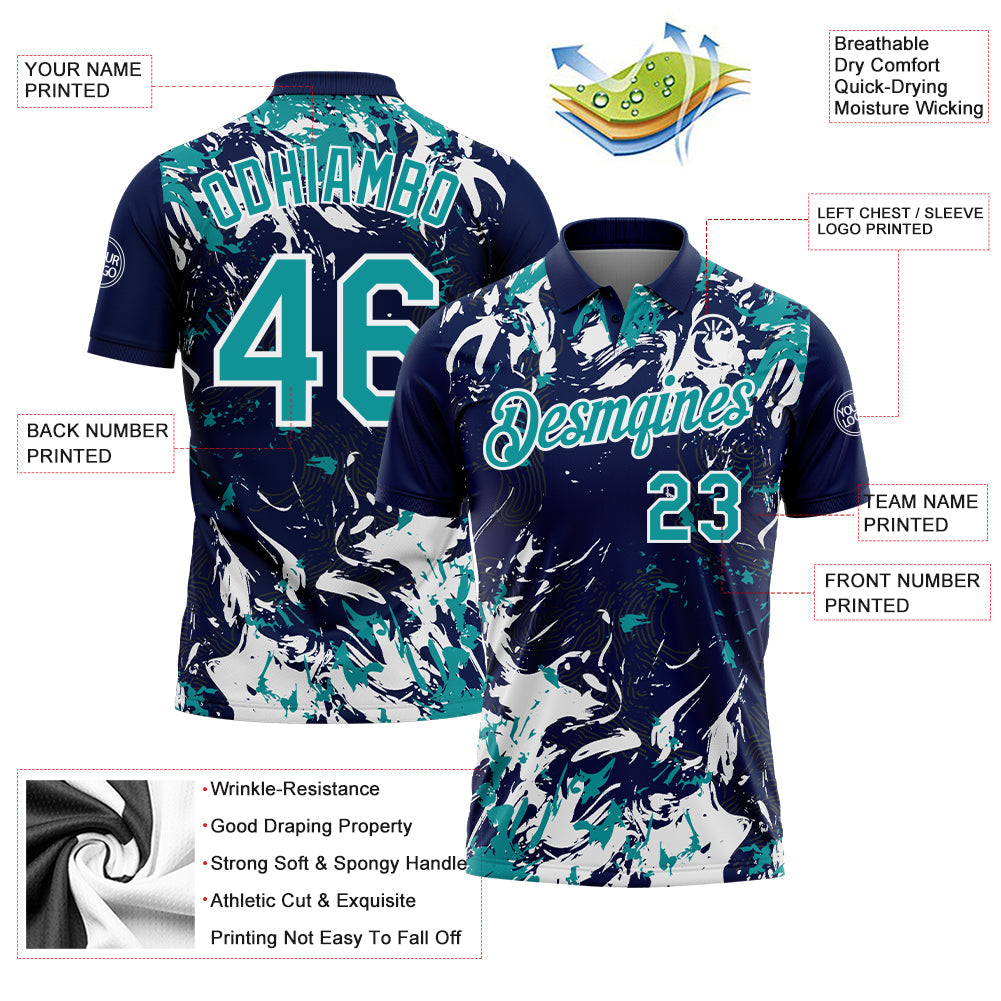Custom Navy Teal-White Dynamic Splatter Brush Stroke Performance Polo Shirt