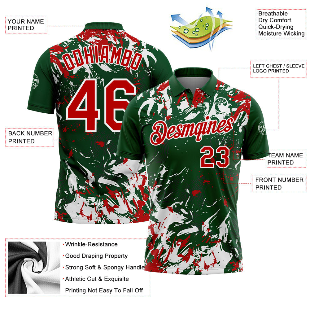 Custom Green Red-White Dynamic Splatter Brush Stroke Performance Polo Shirt
