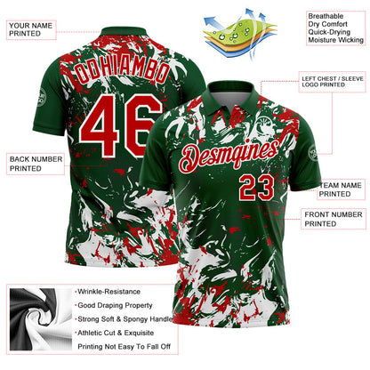 Custom Green Red-White Dynamic Splatter Brush Stroke Performance Polo Shirt