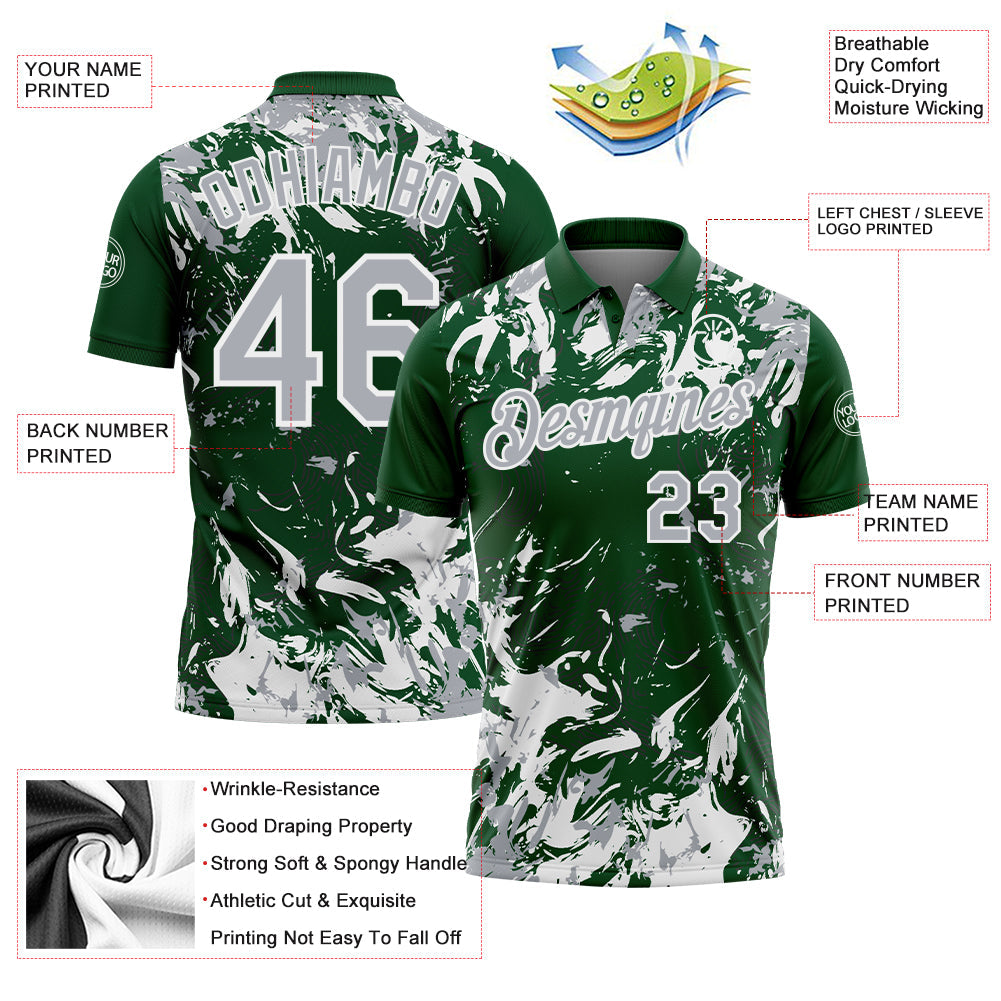 Custom Green Gray-White Dynamic Splatter Brush Stroke Performance Polo Shirt