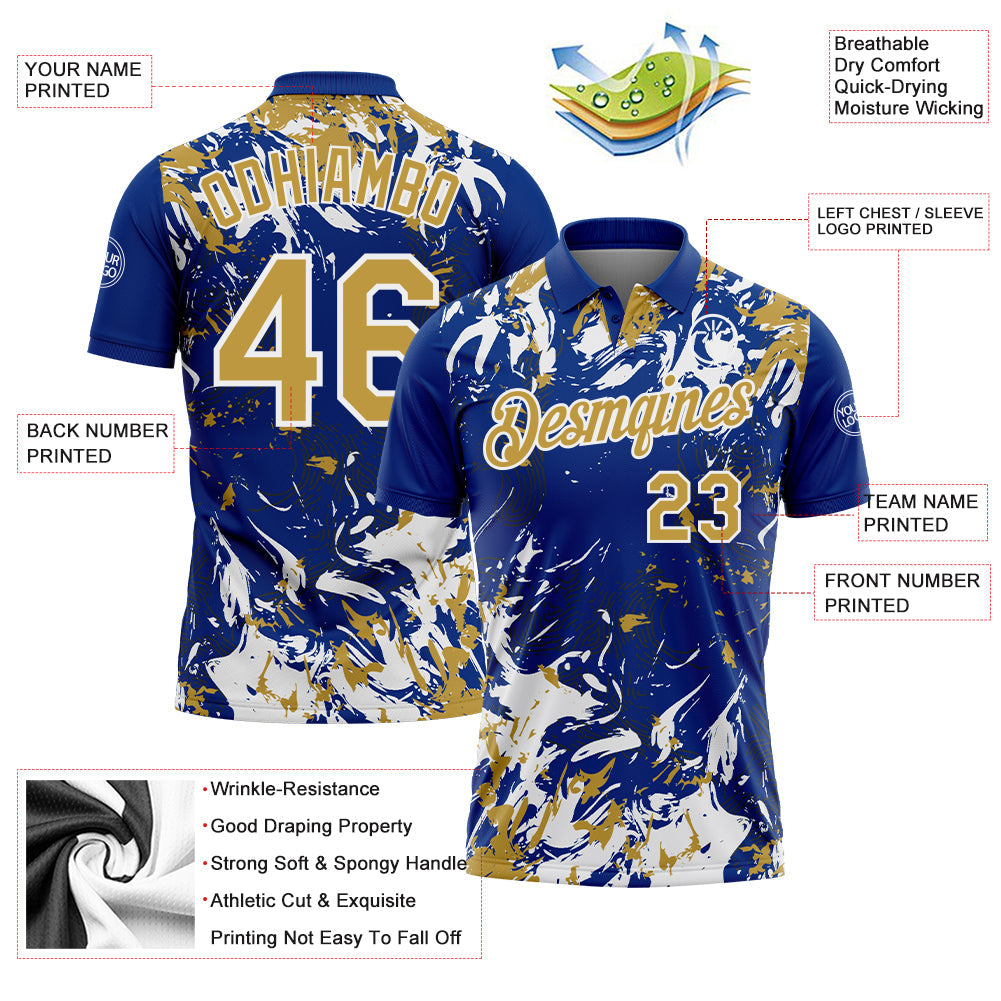 Custom Royal Old Gold-White Dynamic Splatter Brush Stroke Performance Polo Shirt
