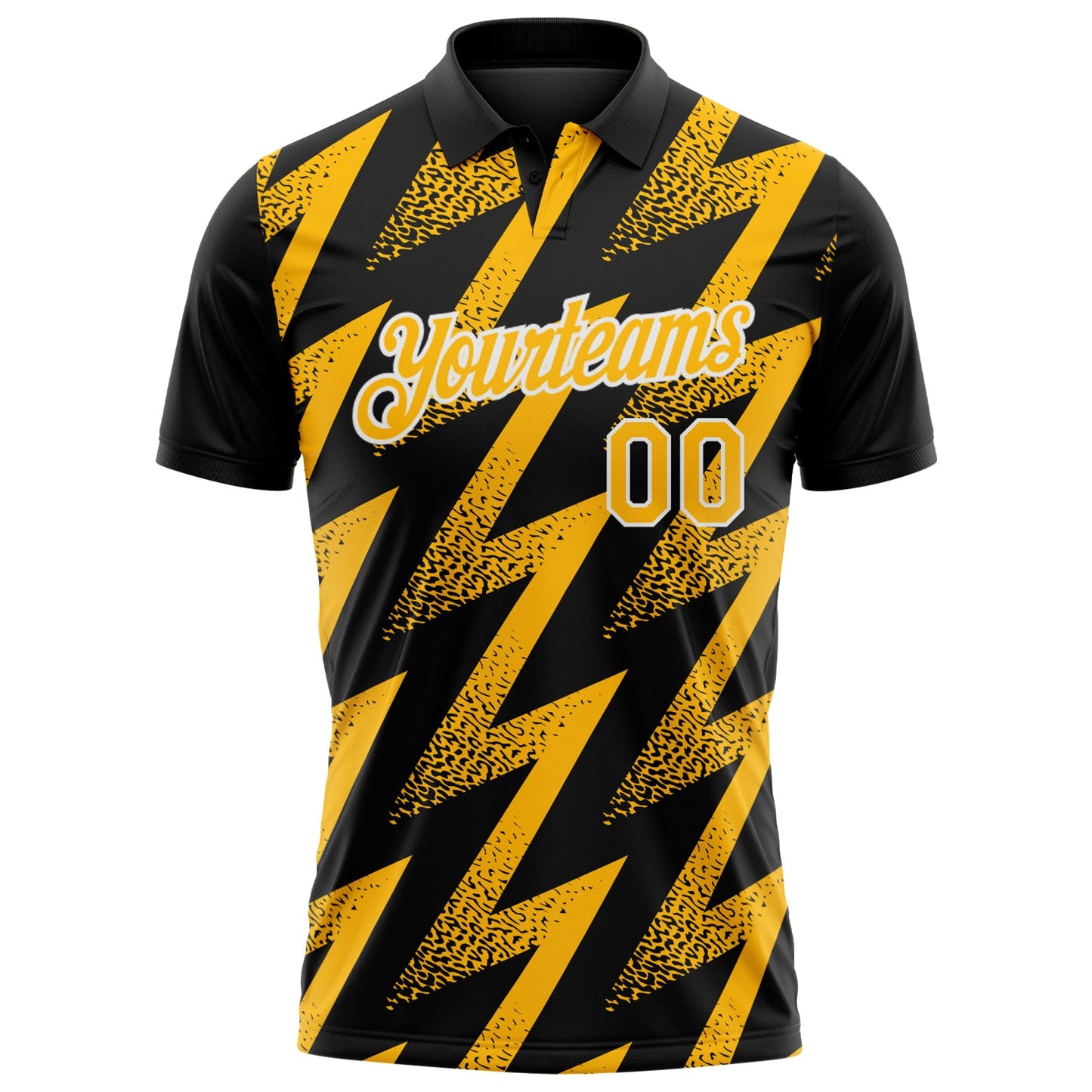 Custom Black Gold-White Geometric Zigzag Shape Lightning Performance Polo Shirt