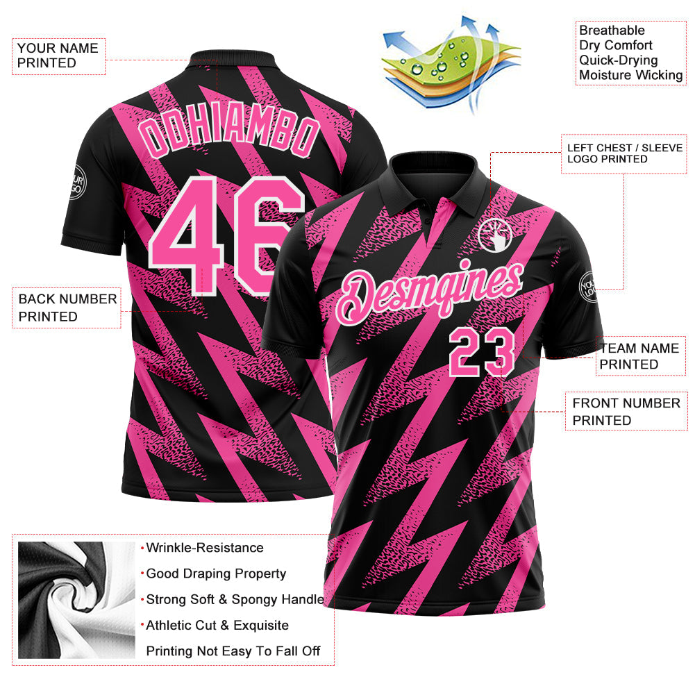 Custom Black Pink-White Geometric Zigzag Shape Lightning Performance Polo Shirt