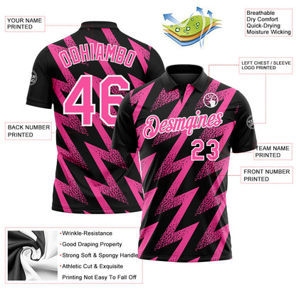 Custom Black Pink-White Geometric Zigzag Shape Lightning Performance Polo Shirt