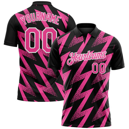 Custom Black Pink-White Geometric Zigzag Shape Lightning Performance Polo Shirt