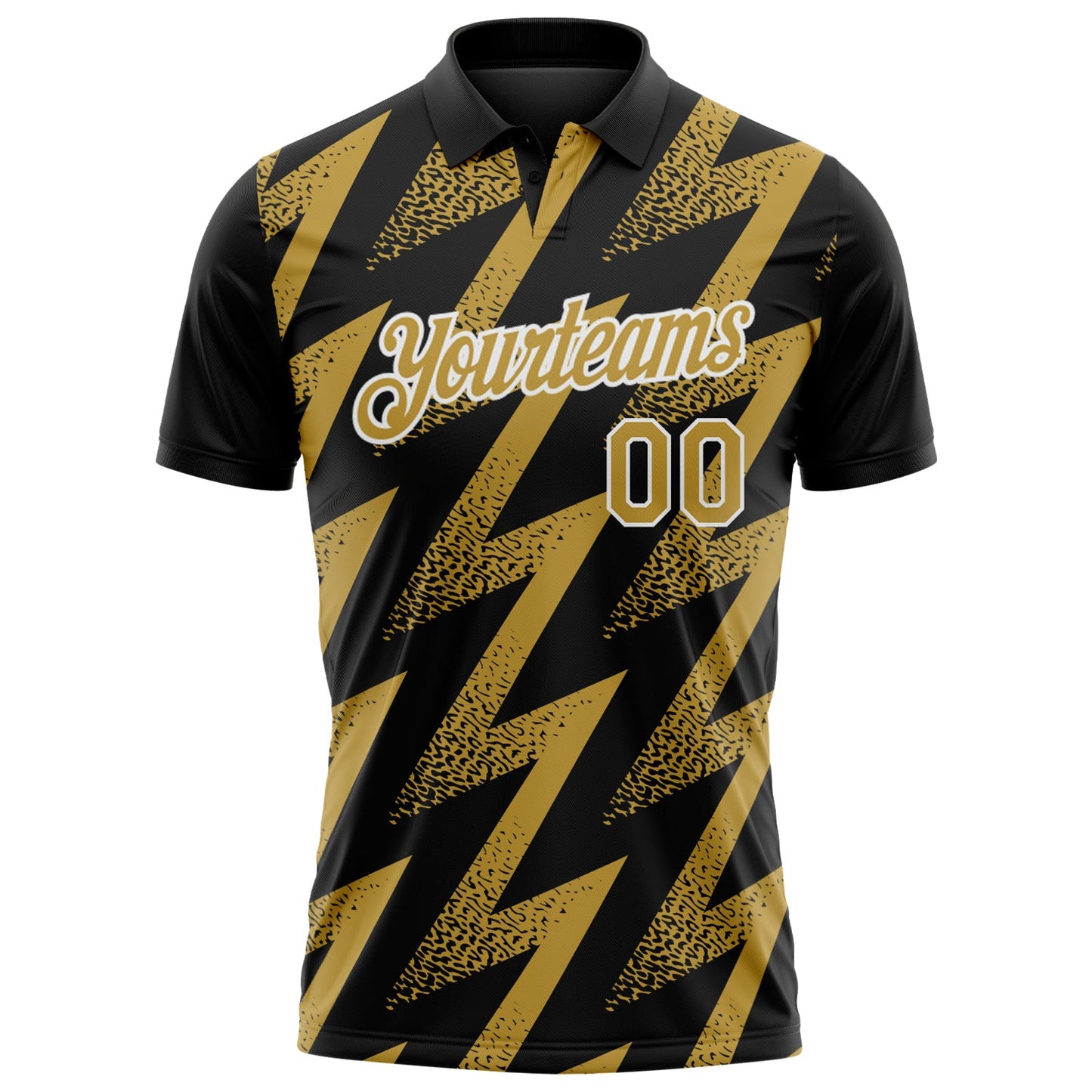 Custom Black Old Gold-White Geometric Zigzag Shape Lightning Performance Polo Shirt