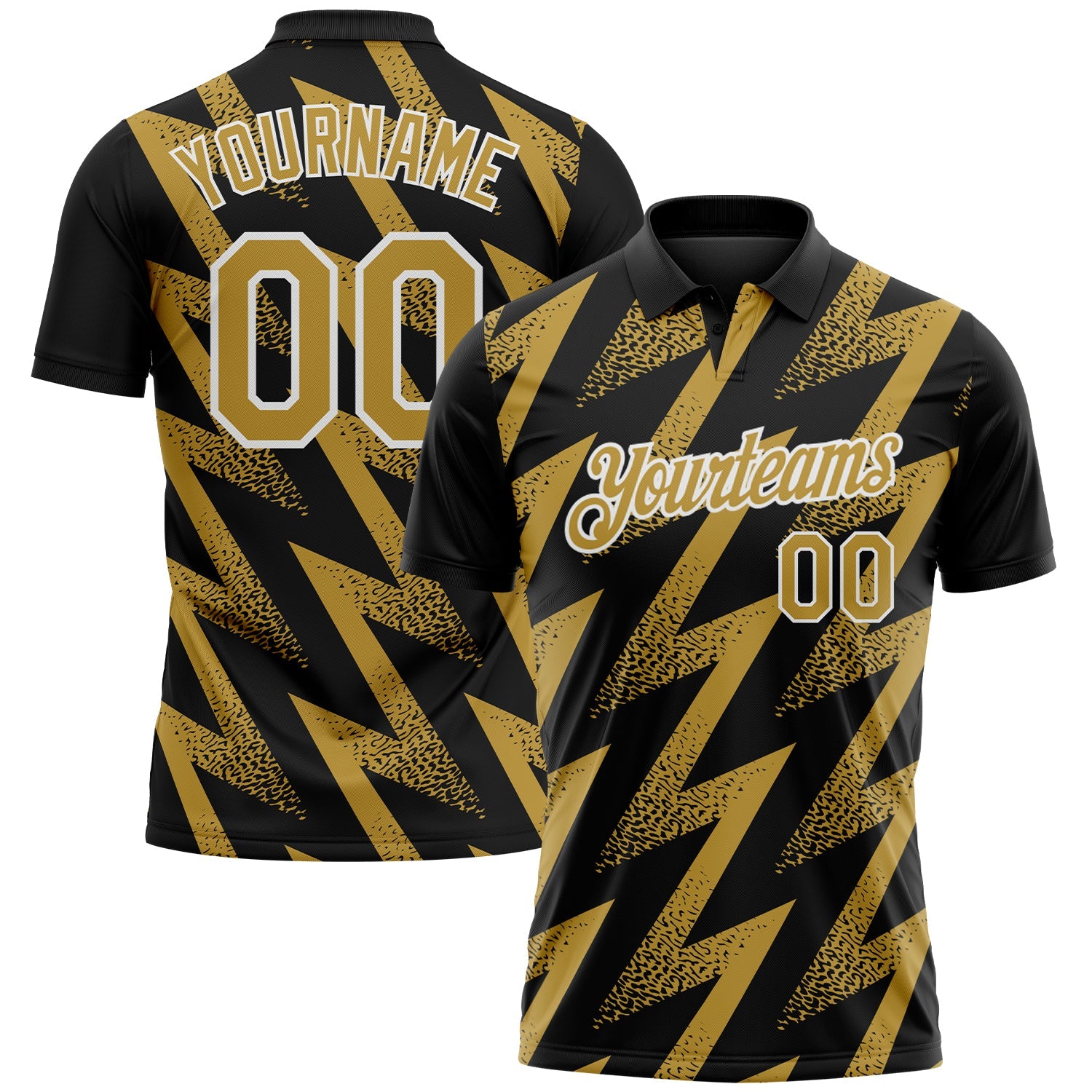 Custom Black Old Gold-White Geometric Zigzag Shape Lightning Performance Polo Shirt