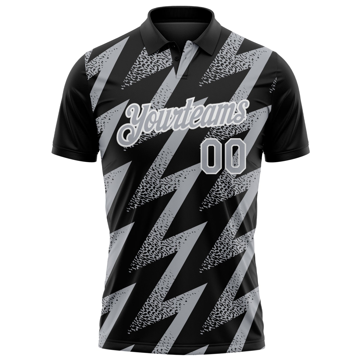 Custom Black Gray-White Geometric Zigzag Shape Lightning Performance Polo Shirt