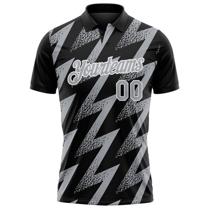Custom Black Gray-White Geometric Zigzag Shape Lightning Performance Polo Shirt
