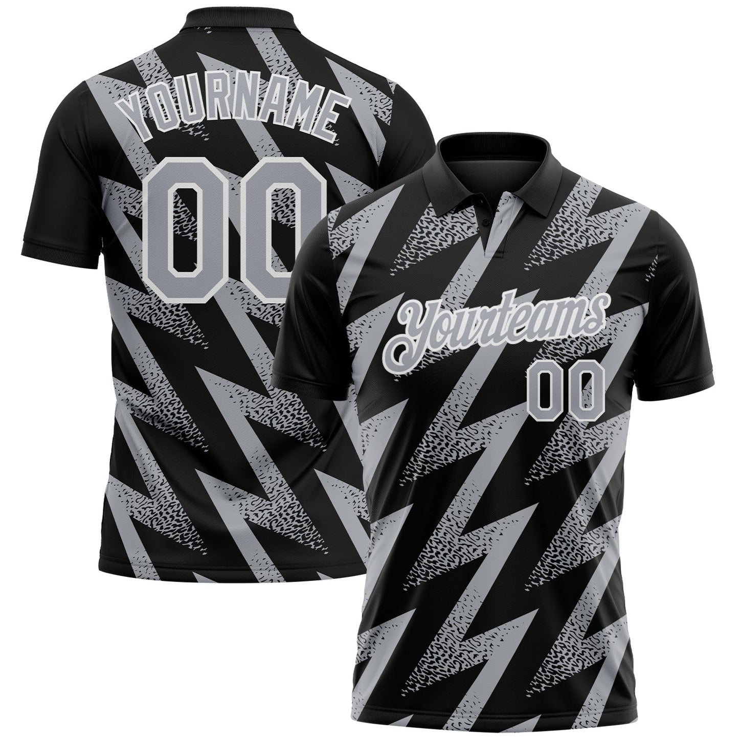 Custom Black Gray-White Geometric Zigzag Shape Lightning Performance Polo Shirt