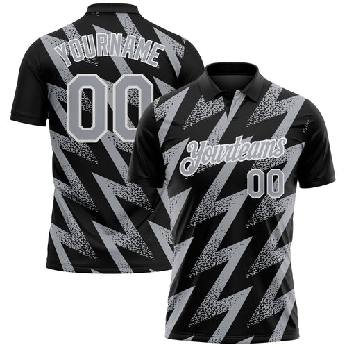 Custom Black Gray-White Geometric Zigzag Shape Lightning Performance Polo Shirt